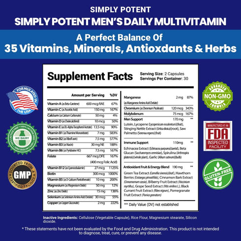 Daily Multivitamin for Men, 35 Vitamins with Minerals & Antioxidant, Vitamins A C D E, Biotin B12 Folate Zinc Magnesium & Saw Palmetto for Energy, Focus, Immune & Prostate Health, 60 Capsules