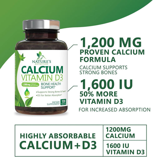 Calcium Supplement with Vitamin D - 1200 mg Calcium Carbonate with 1600 IU D3 Vitamins, 120 Tablets for Bone Health