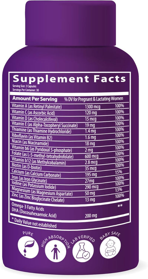 Ultra Strength Bio-Available Prenatal Vitamins for Women, Naturally Occurring Methylated Folate, DHA Omega 3
