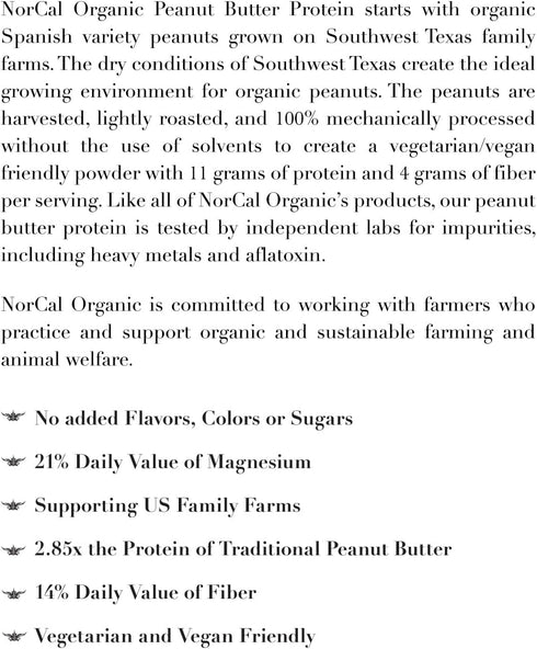 Norcal Organic Peanut Butter Protein Powder - 2lb | Vegan, Low-Cal, 11g Protein | From Southwest Texas Farms