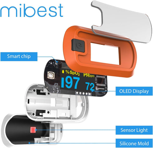 Orange Dual Color OLED Finger Pulse Oximeter by MIBEST - Blood Oxygen Saturation Monitor with OLED Screen