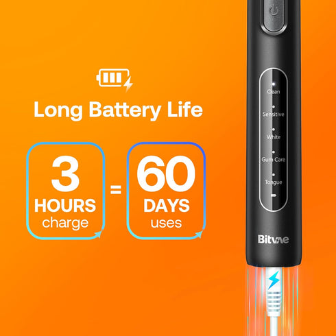 Bitvae R1 Rotating Electric Toothbrush: 8 Brush Heads, 60-Day Battery Life, 5 Modes, Black Rechargeable