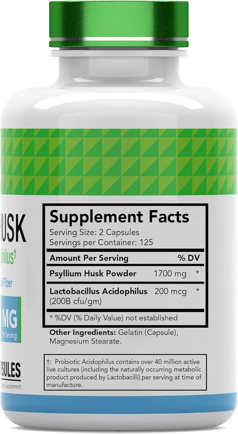 Psyllium Husk Capsules | 1700 MG - 250 Capsules | with Probiotic Acidophilus | Extra Strength Soluble & Dietary Fiber Supplement | Supports Digestive Health