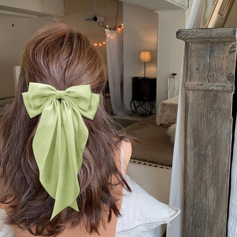 Large Olive Green Hair Bows for Women, Silky Satin Hair Clips, Long Tail Oversize Hair Barrettes