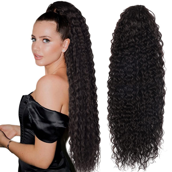 Long Curly Drawstring Ponytail 30' Synthetic Clip-In Extensions, Brown Color for Women, Afro Curly Corn Wave Clip-On