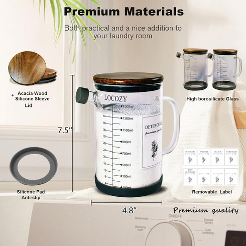 LOCOZY 2-Pack 50oz oz/ml Glass Laundry Detergent Dispenser with Acacia Wood Lid - Airtight Design, Dual Scales |
