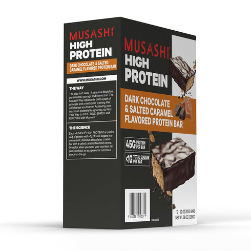 MUSASHI High Protein Bar, Dark Chocolate & Salted Caramel, 45g Protein, <1g Total Sugars, 12 Pack of 3.2oz Bars