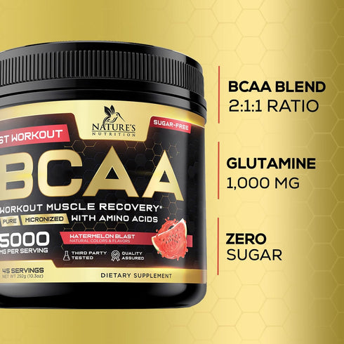 BCAA Powder - 4g BCAAs 2:1:1, 1g Glutamine, B6 - Pre Workout Drink for Energy Boost & Muscle Recovery, Watermelon