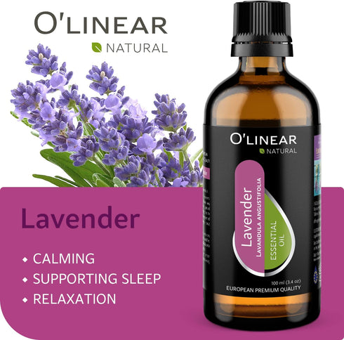 Pure Lavender Essential Oil by O'linear - Tension Relief Lavender Oil for Diffuser & Humidifier - Perfect Bedroom Essential for Deep Dreams - Lavender Scented Aromatherapy Oil Candle Making 3.4 FL Oz