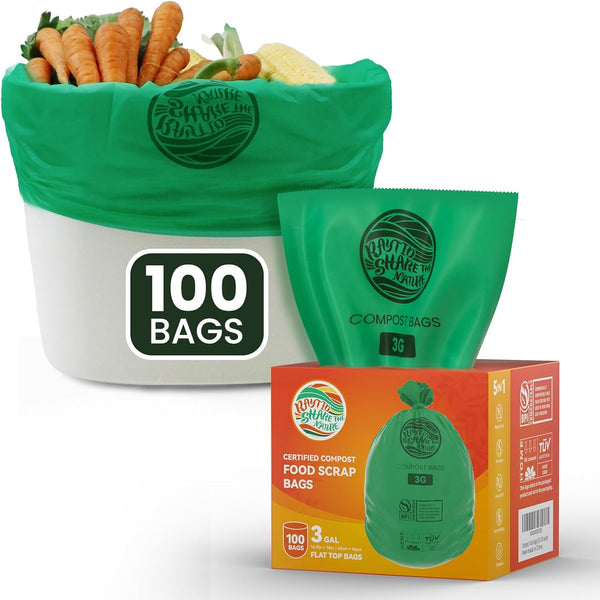 RAYTID 3 Gallon Compostable Trash Bags, Food Scrap Small Kitchen Bags, 100 Count, BPI & OK Compost Home Certified
