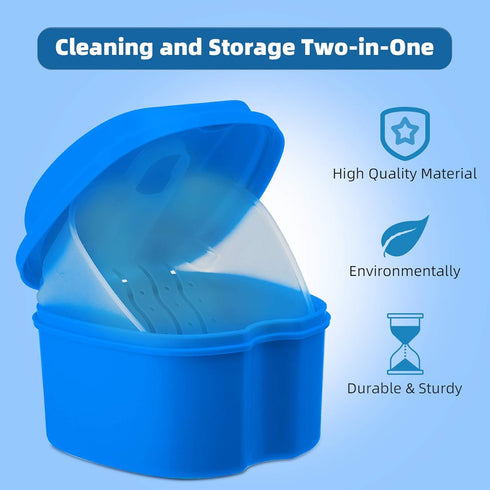 Denture Cup Dental Retainer Case - Dark Blue Cleaning Holder with Strainer Basket for Mouthguard Storage