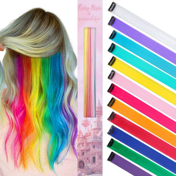 WENNALIFE 12 PCS Rainbow Hair Extensions, Clip in Colored Highlights for Kids, Festival Girl Hair Accessories