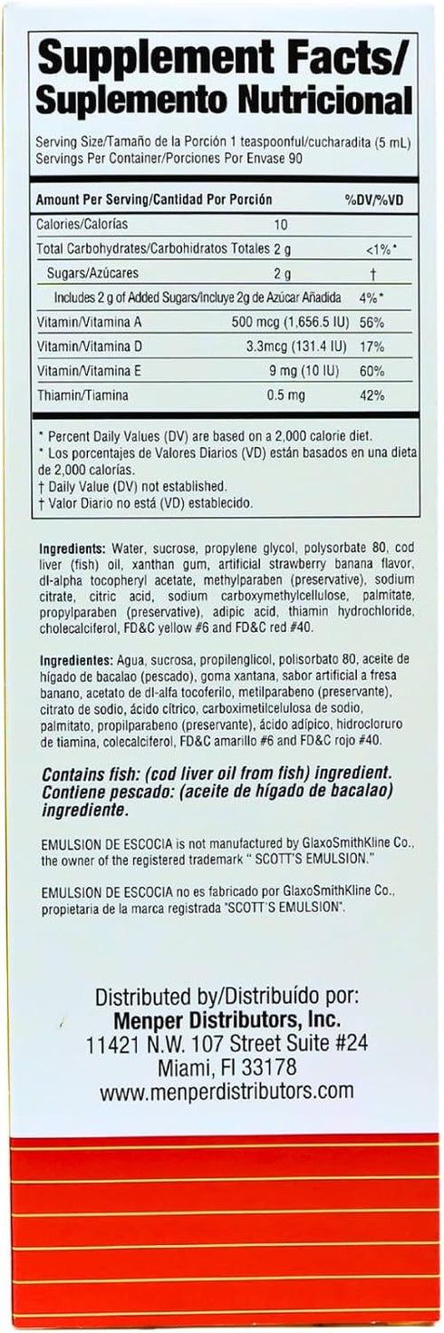 EMULSION DE ESCOCIA Cod Liver Oil Dietary Supplement | Vitamins A, B1, D and E, Strawberry/Banana Flavor