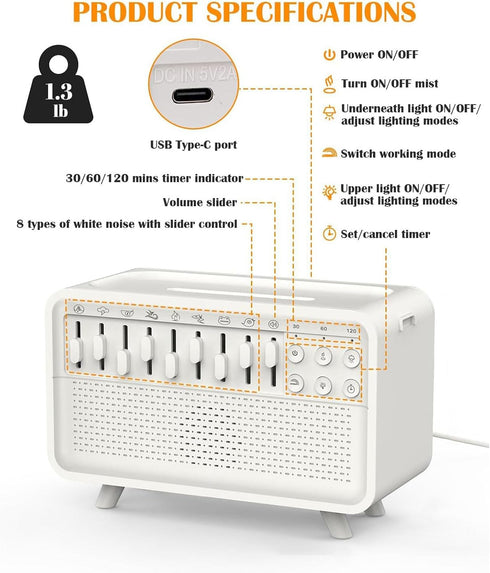 Naroote 150ml White Noise Machine Humidifier Diffuser with Bluetooth Speaker Night Light for Bedroom Living Room