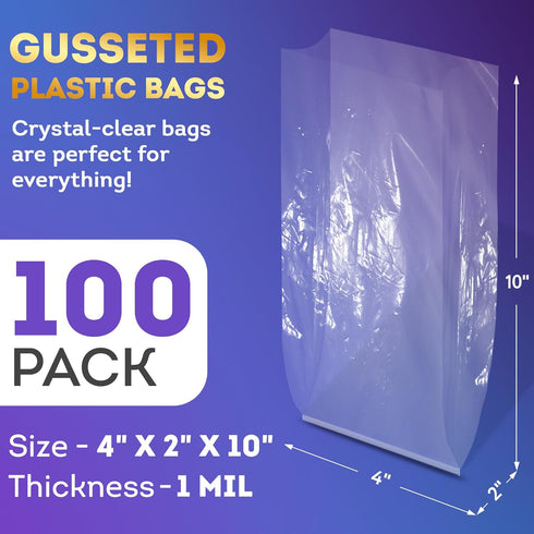 APQ Clear Gusseted Poly Bags - 4 x 2 x 10 Inch, Pack of 100 Gusseted Plastic Bags 1 Mil Thick for Favors, Clear Plastic