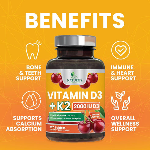 Vitamin D3 K2 as MK-7 - 2000iu of D3 & 75mcg K2, Bone Strength Supplements Support Calcium Absorption for Teeth & Bone