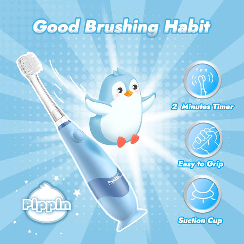 Papablic Toddler Sonic Electric Toothbrush for Ages 1-3, Cute Penguin Cover, Smart LED Timer, 2 Brush Heads