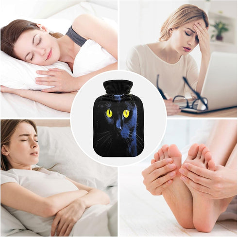 YETTASBIN 2L Black Cat Hot Water Bottle, Transparent Leakproof Hot Water Bag Washable Heat Resistant Water Bottle