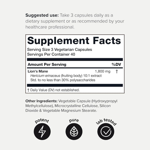 Lion’s Mane Ultra High Potency Extract – 10:1 with 30% Polysaccharides, Third-Party Lab Tested, 120 Capsules