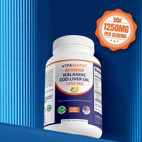 Vitamatic Icelandic Cod Liver Oil Capsules 1250mg 120 Softgels (Lemon Flavor) - Promotes Cardiovascular Health