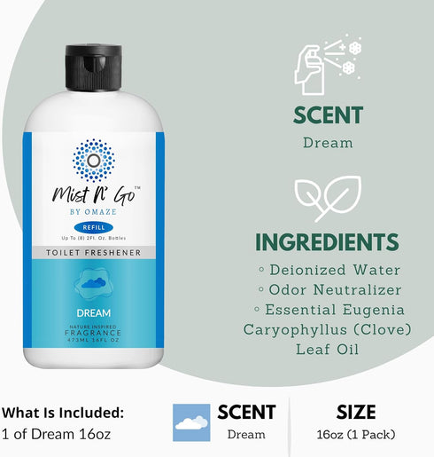 Mist N' Go by OMAZE Bathroom Odor Spray for Toilet Spray Refill Bottle - Multitasking Toilet Spray - Bathroom Spray Odor Eliminator for Strong Odors | Dream, 16oz (1 Pack)