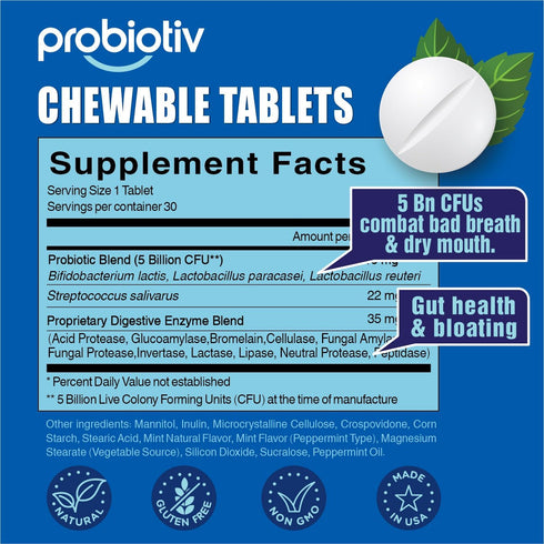 Oral Probiotics for Bad Breath, 5 Billion CFU Chewable Dental Probiotic for Teeth and Gums, Mint Tablets