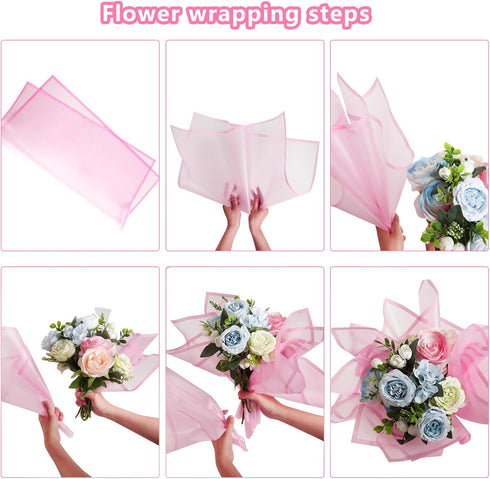 lyy-biuty 20 Sheets Flower Wrapping Paper, Pink Border Floral Paper for Bouquet Gift Packaging DIY Crafts, 22.8 x 22.8