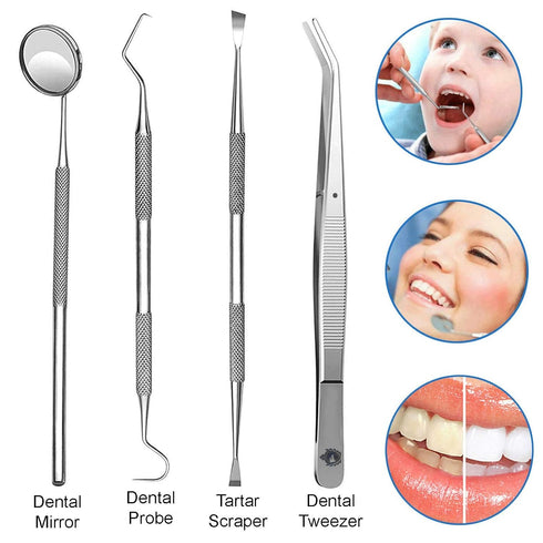 Dental Tools Set - 4 Pc Professional Stainless Steel Dental Pick, Tartar Remover, Oral Hygiene Care Kit