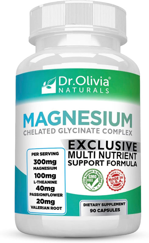 Magnesium Glycinate Complex - L-Theanine, Passionflower & Valerian Root for Sleep Support, 90 Capsules