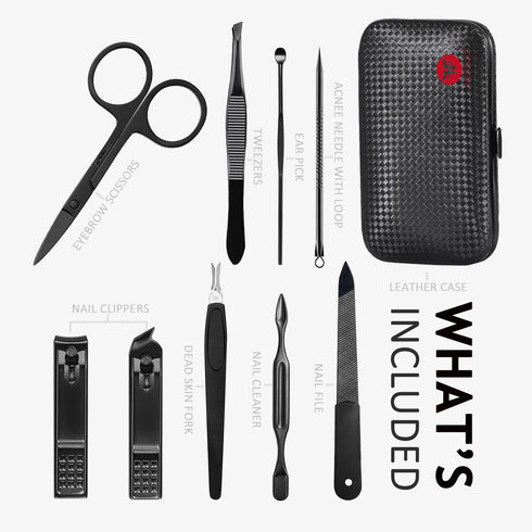 Manicure Set 9 in 1 Stainless Steel - Nail Clippers, Scissors, Pedicure Tools Kit with Black/Red Leather Case