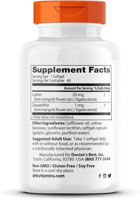 Doctor's Best Lutein with Gluten Free, Vision Support, 60 Softgels