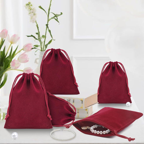 G2PLUS 20PCS Red Velvet Jewelry Pouches, Small Gift Bags with Drawstring, Wine Red for Wedding Favors