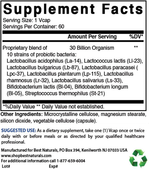 Best Naturals Probiotic 10 Strains & 30 Billion CFU Intestinal Flora, 60 Veggie Capsules (60 Count (Pack of 2))
