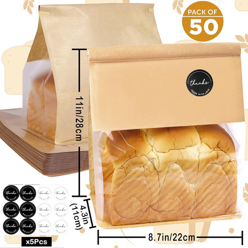 WKNGM 50PCS (8.7 4.3 11 Inches) Reusable Kraft Paper & Plastic Bread Bags with Tin Tie Lock, Sourdough Bread Bags