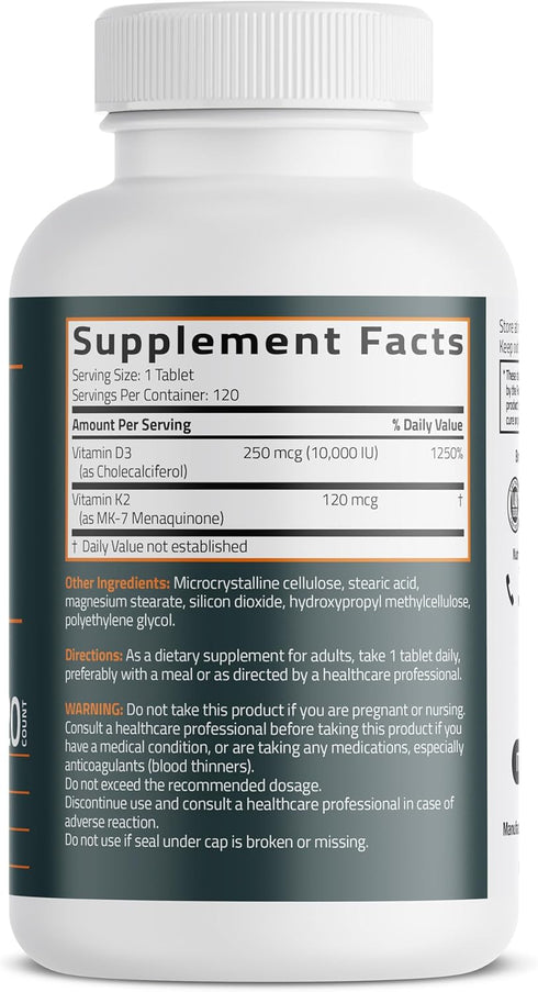 K2 (MK7) D3 2 1 10,000 D3 120 K2 MK-7, 120 Bronson Vitamin with Supplement Extra Strength in Support, IU Vitamin & mcg