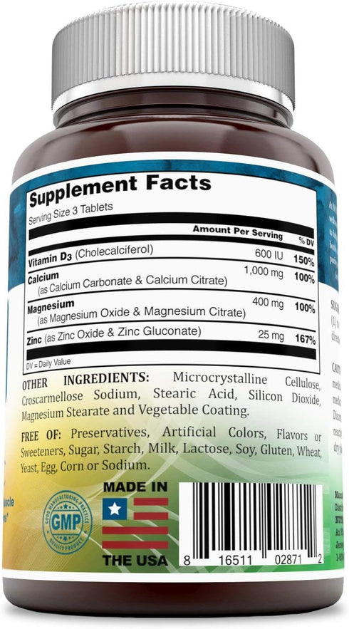 Calcium Magnesium Zinc + Vitamin D3 Tablets, 300 Count, Promotes Strong Bones & Teeth, Supports Nerve & Muscle Function