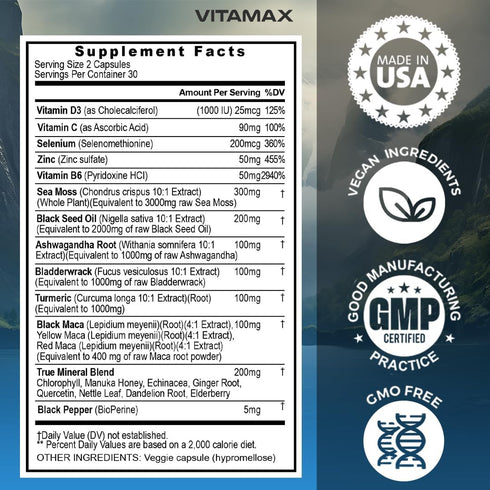 Sea Moss 3000mg Maca 1000mg Black Seed Oil - 2000mg Ashwagandha, Turmeric, Vitamins C & D3, Made in USA (60 Count)