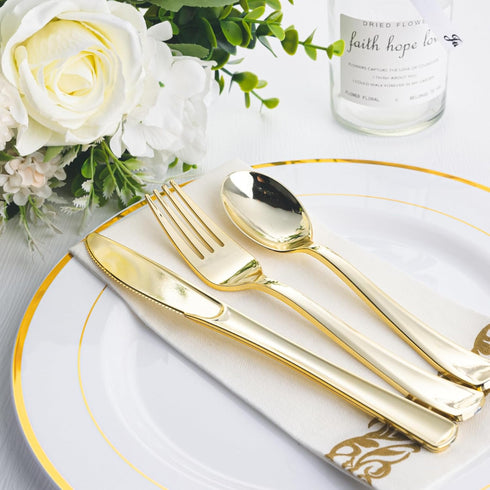 N9R 200pcs Gold Plastic Silverware - Disposable Cutlery Set with 100 Gold Forks, 50 Gold Spoons, 50 Gold Knives for