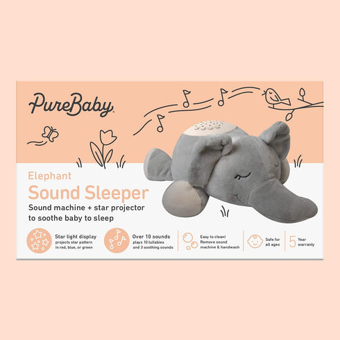 PureBaby Sound Sleepers Portable Sound Machine & Star Projector - Plush Sleep Aid for Baby, 10 Lullabies, Elephant