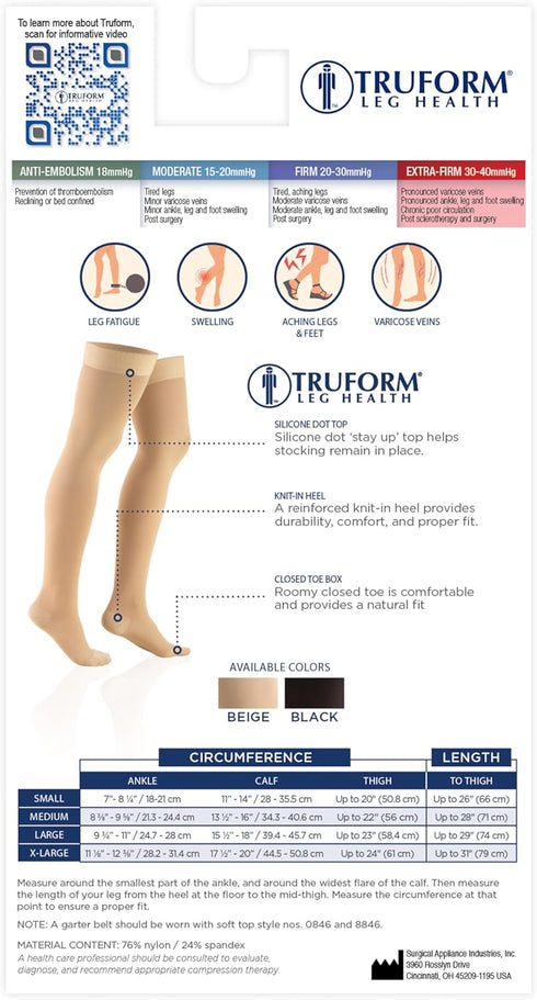 Truform Compression Stockings 30-40 mmHg, Thigh High, Closed Toe, Dot-Top, Black, Large for Men and Women