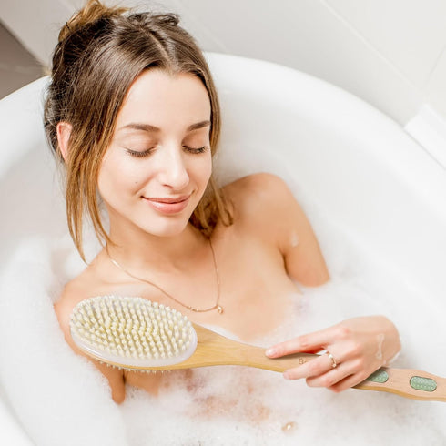 Body Scrubber with Soft and Stiff Natural Bristles, Dual-Sided Long Handle Shower Brush for Bath