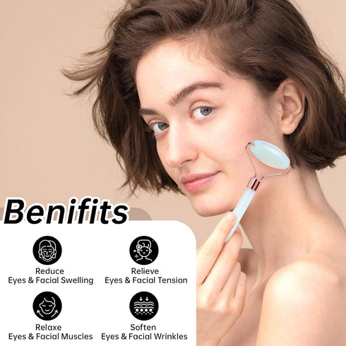 Opal Gua Sha and Face Roller, Real Jade Facial Tools Set for Puffiness, Neck Tension Relief, Beauty Massager