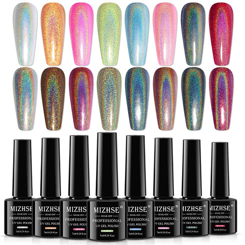 MIZHSE 8 Colors Holographic Gel Nail Polish Set - Laser Iridescent Chrome Rainbow Shimmer Glitter for Nail Art Salon