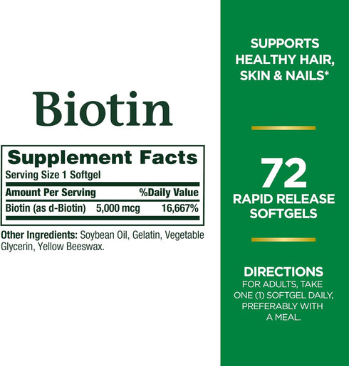Nature's Bounty Biotin Vitamin Supplement, 5000 mcg, 72 Softgels - Supports Metabolism for Healthy Hair, Skin & Nails