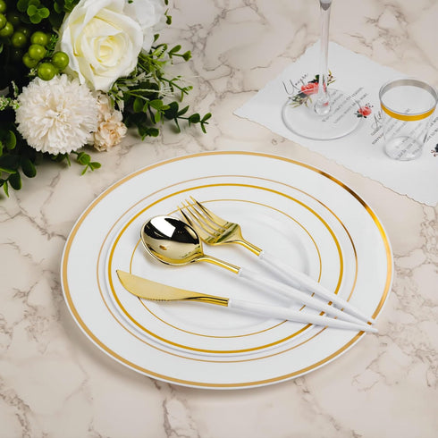 90PCS Gold Plastic Silverware Set - Heavy Duty Cutlery with 30 Spoons, 30 Forks, 30 Knives, White Handle for Parties