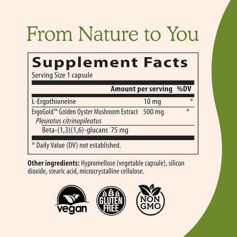 Real Mushrooms L-Ergothioneine, Golden Oyster Mushroom Extract (60ct) - Immune Support & Brain Supplement
