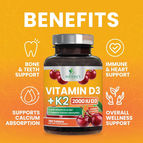 Vitamin D3 K2 2000 IU Plus with K2 (MK-7) 75 mcg, Vitamins D & K Complex Supplement for Bone and Heart Health