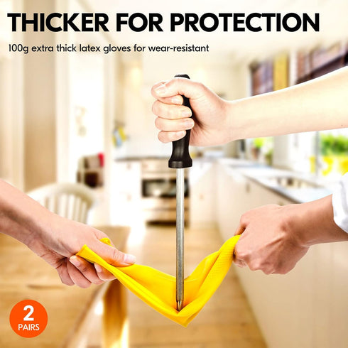 Vgo... 2-Pairs Reusable Household Gloves, Extra Thickness Rubber Dishwashing Gloves (Size L, Yellow)