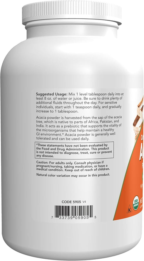 NOW Supplements Acacia Pure Powder | 12-Ounce | Certified Organic, Highly Soluble for Intestinal Health