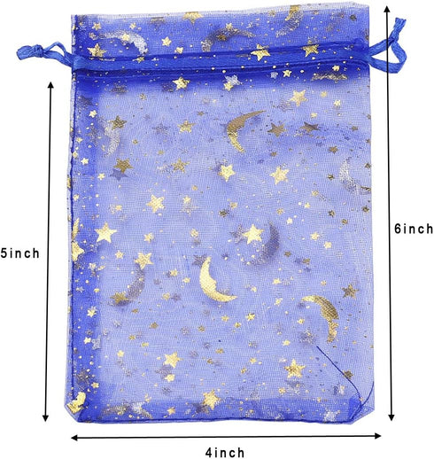 100Pcs 4x6 Inches Sheer Organza Drawstring Pouches with Stars and Moon for Wedding Party Favors
